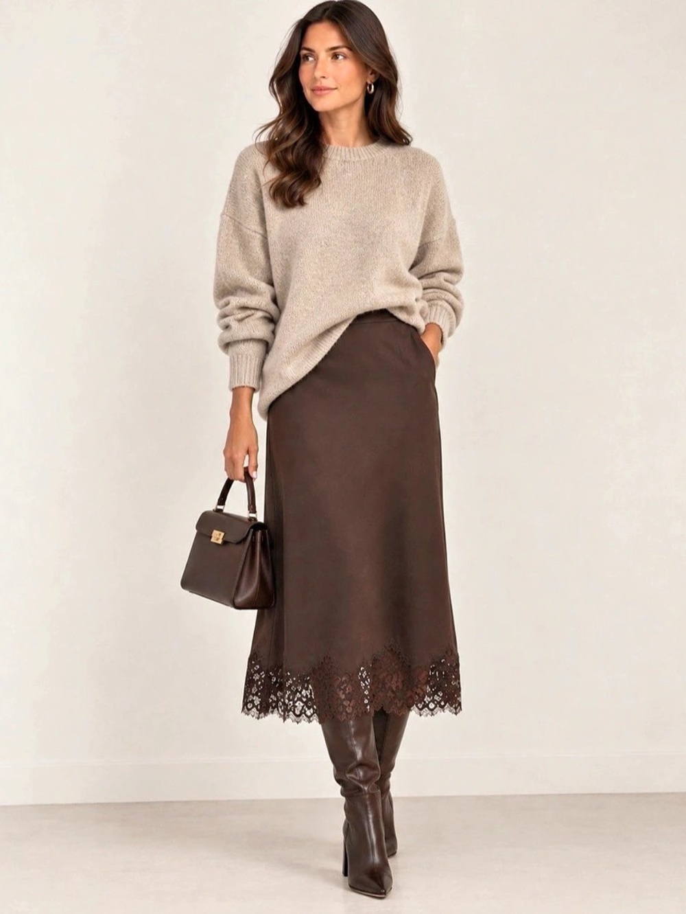 New Satin Lace Hem Midi Skirt in Brown Chocolate NWT